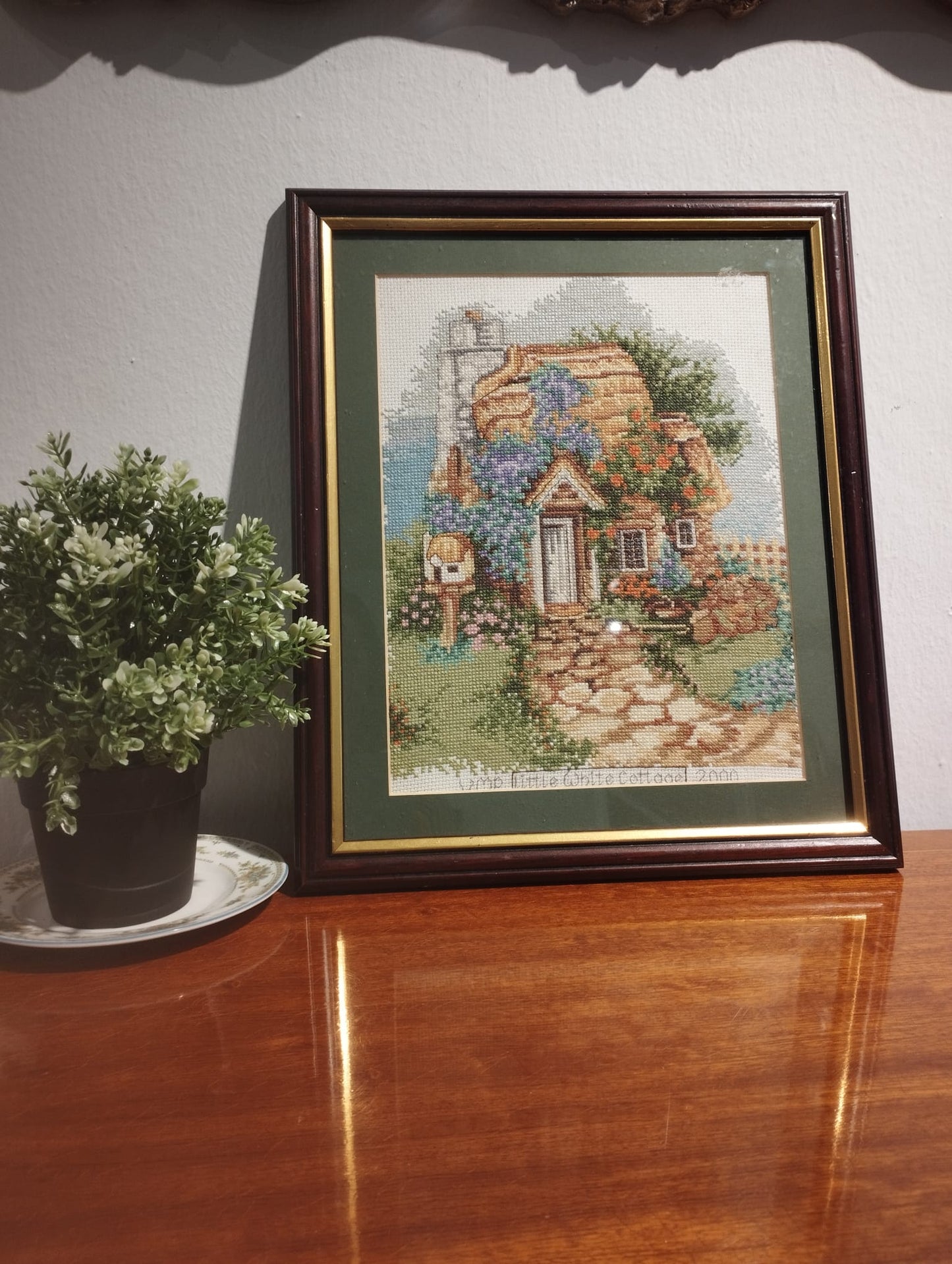 Vintage Little white cottage needle point artwork