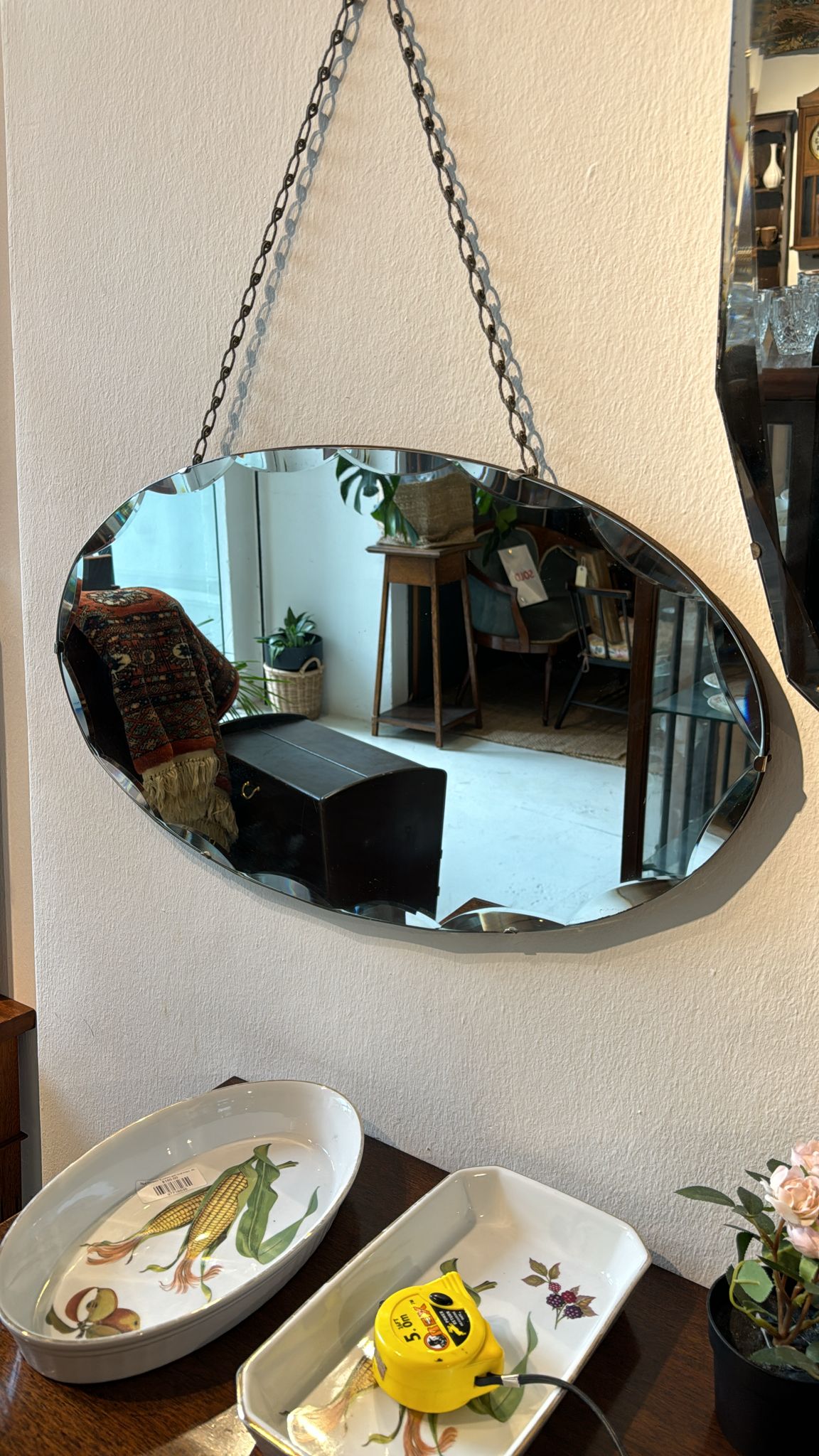 Vintage framless oval mirror. Ready to hang