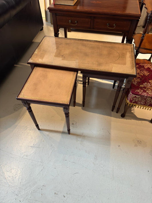 19th Century French Leather Top Cocktail | Coffee Table +2 Nested Side Table-Set of 3