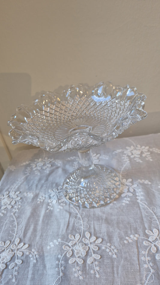 Antique Pressed Clear Glass Footed Bonbon Dish. In perfect condition. 21cms diameter by 17cms tall.