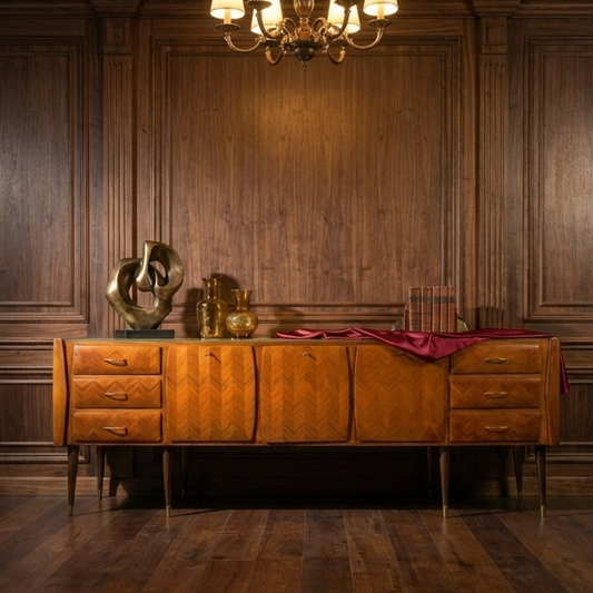 Designer Wooden sideboard with decorative items against a wooden wall with a chandelier.