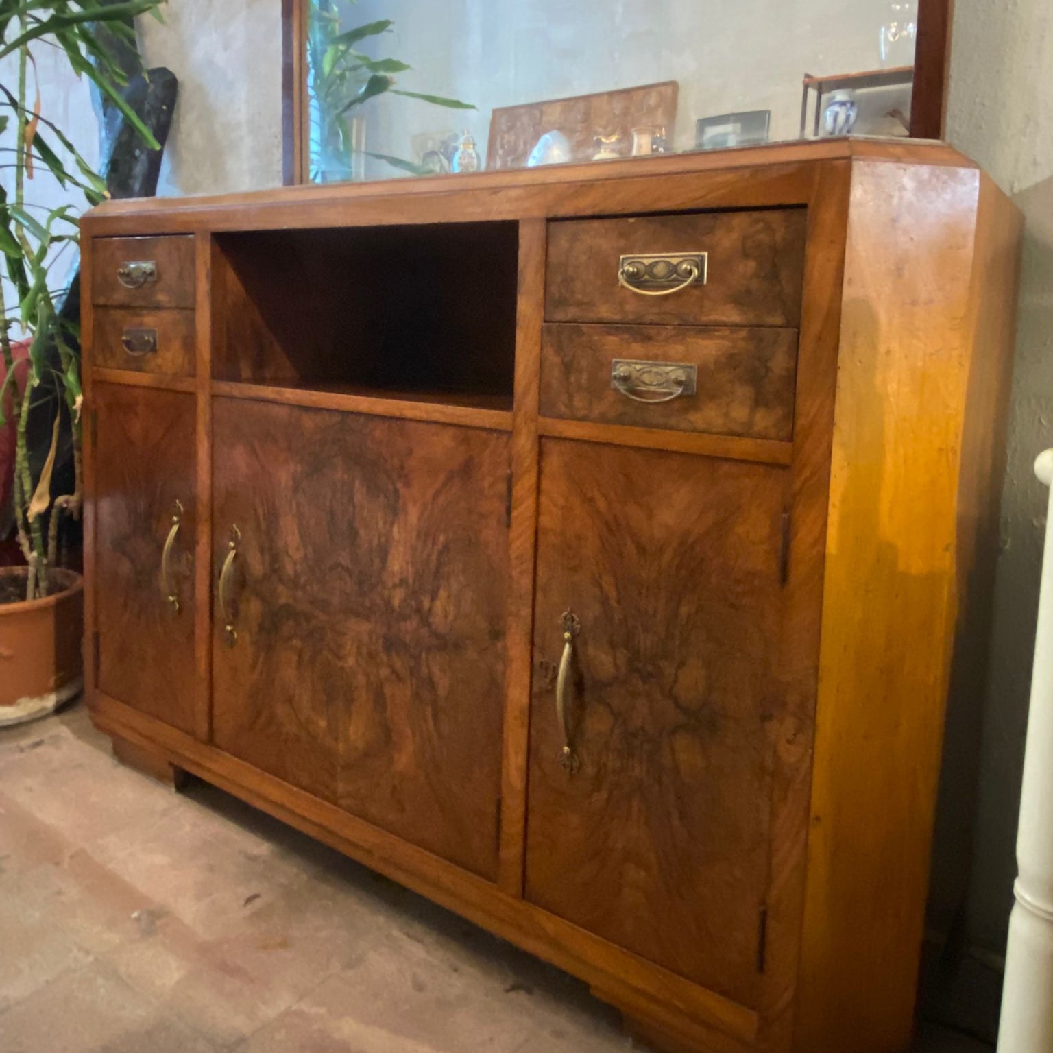 Wooden sideboard with drawers and doors in a room with plants and a window.