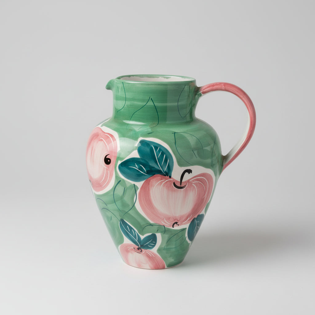 Decorative ceramic pitcher with apple design on a lace tablecloth
