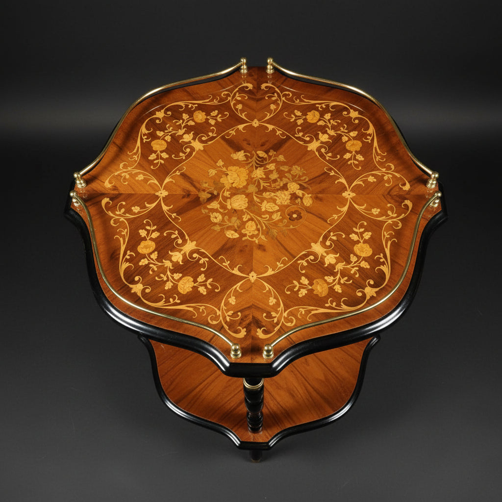 An ornate round wooden table with a scalloped edge, featuring a glossy marquetry top with intricate floral inlays and gold-toned metal accents, set on a concrete floor.