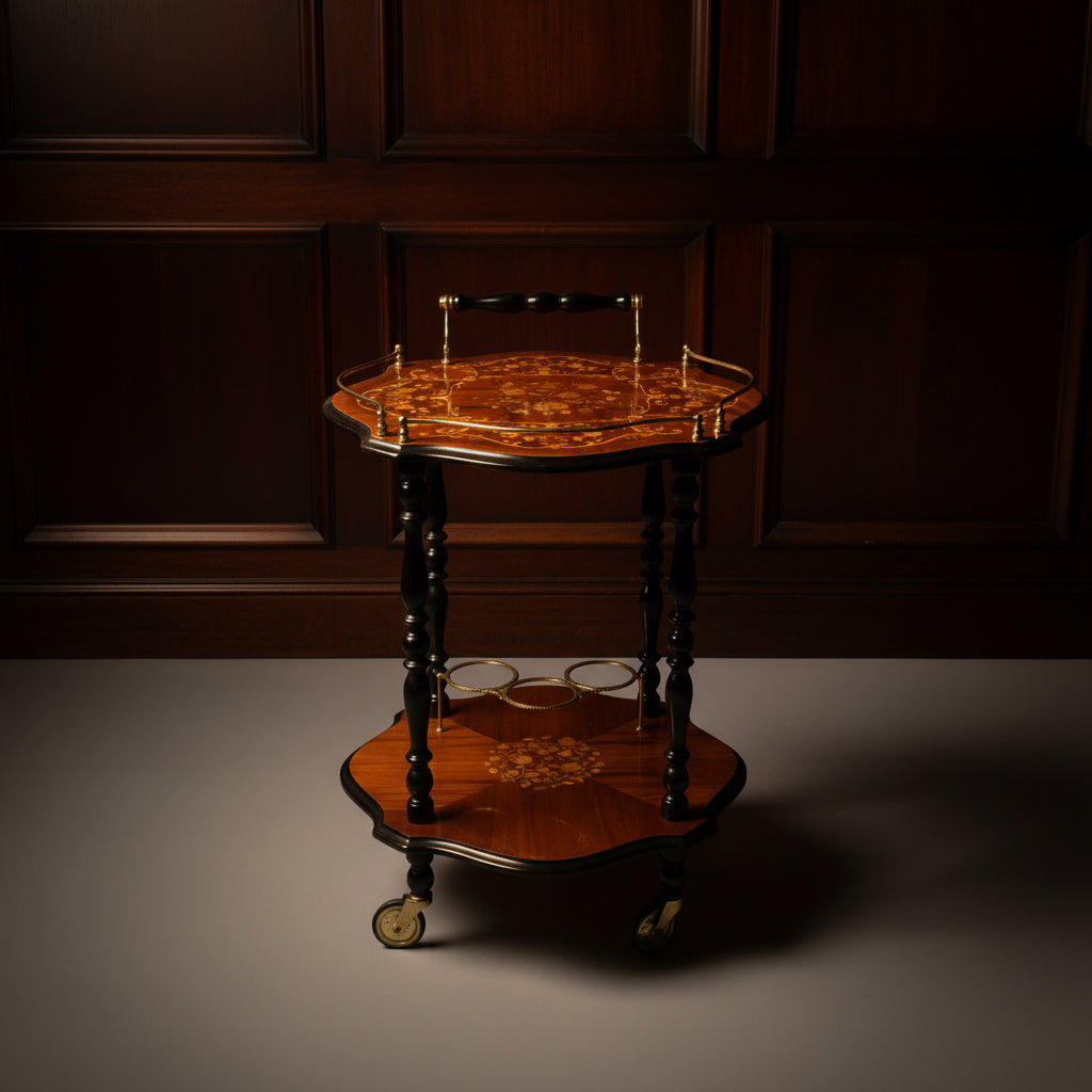 An ornate two-tier wooden serving cart with a scalloped marquise-shaped top, featuring a floral inlay pattern, turned dark wood legs, and brass handles on the upper tier, set on a dusty red floor.