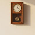 Wooden wall clock with pendulum on a marble surface