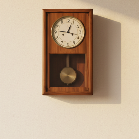 Wooden wall clock with pendulum on a marble surface