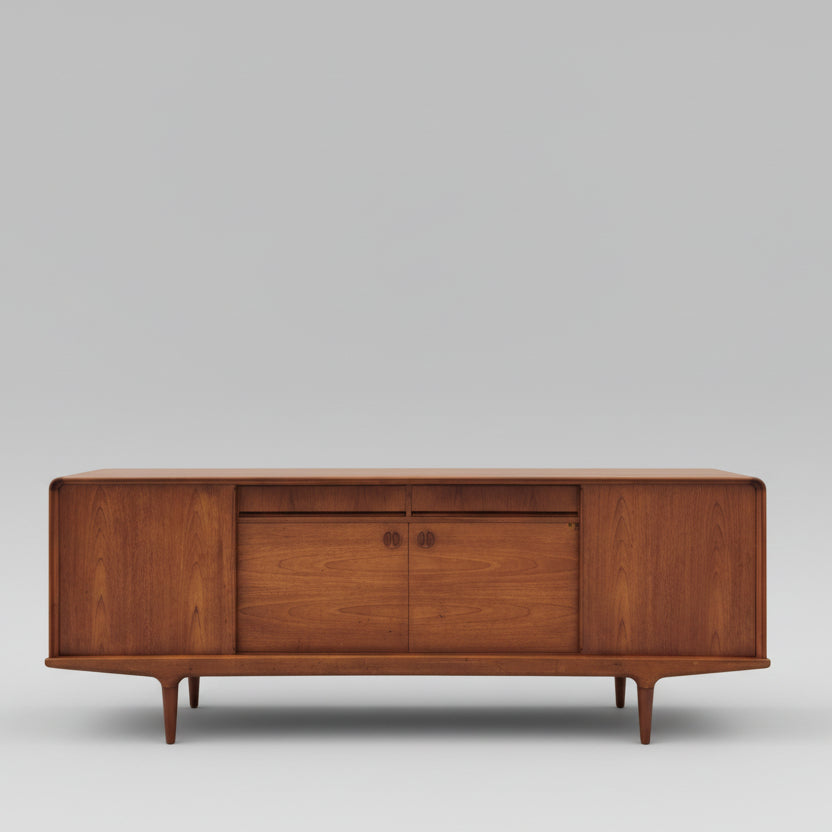 Wooden sideboard with decorative items on a red patterned rug against a light gray wall.