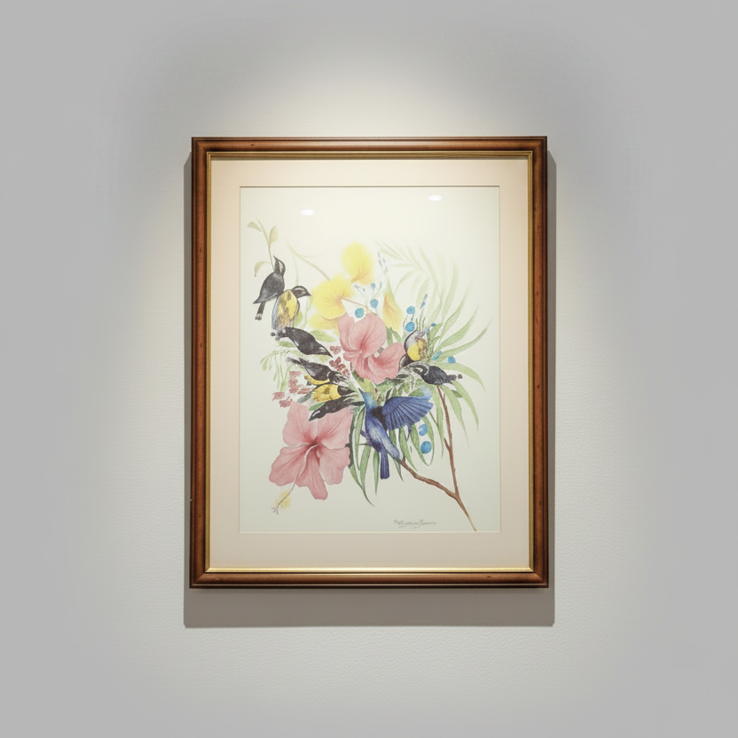 A framed watercolor painting of birds and flowers, displayed on a light gray wall under a spotlight. The artwork features pink, yellow, and blue blossoms with small birds perched on branches, enclosed in a brown wooden frame with a cream mat.