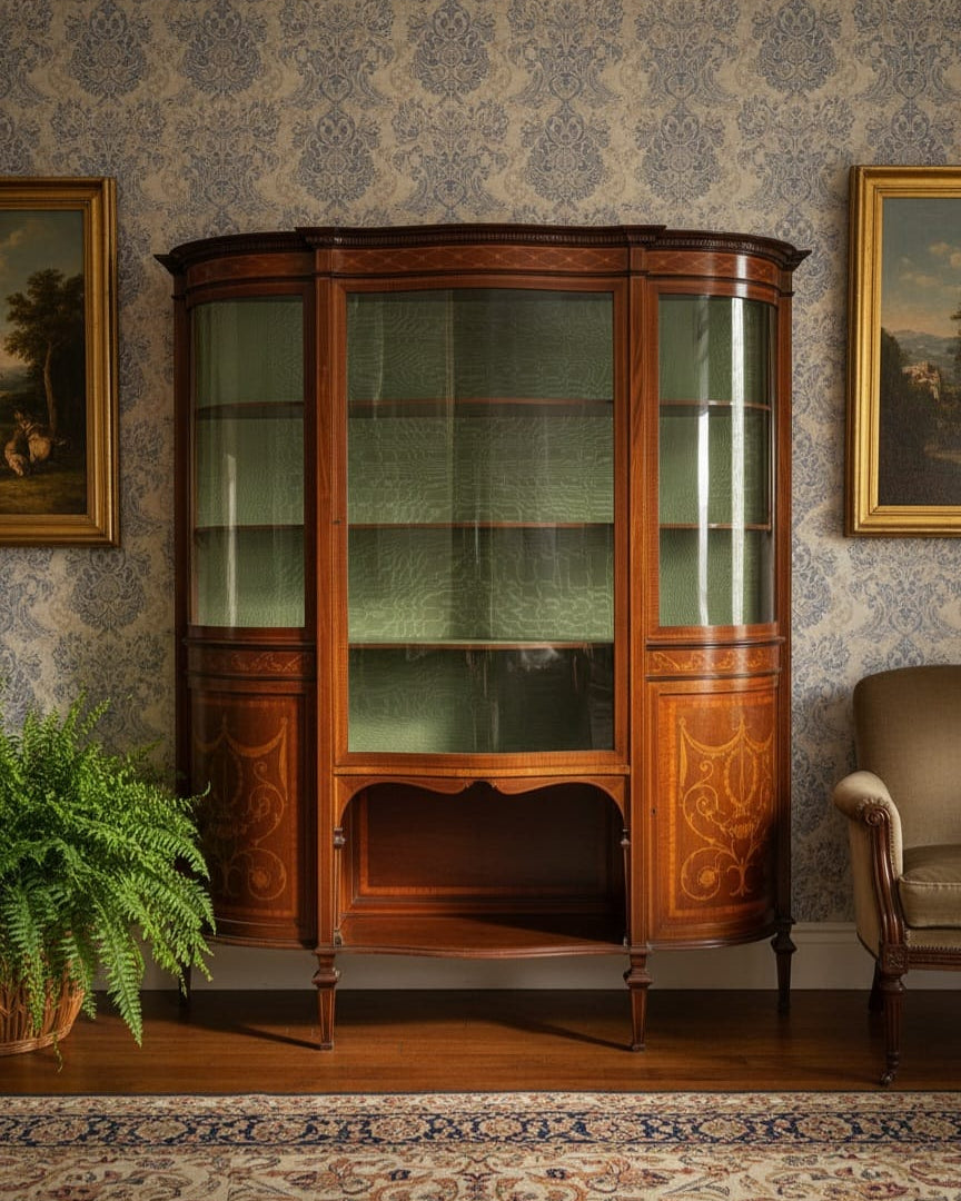 An antique-style wooden display cabinet with glass doors and decorative inlay, set against a patterned wallpaper wall in a furnished room with framed art, a plant, and a chair.