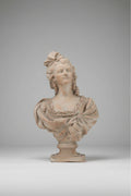 A classical-style terracotta or plaster bust sculpture of a woman with powdered hair and a bow, mounted on a pedestal base against a neutral gray studio background.