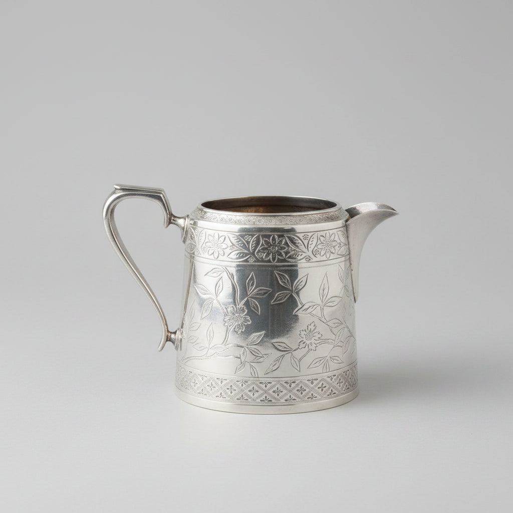 Decorative silver teapot on a wooden table with a blurred background