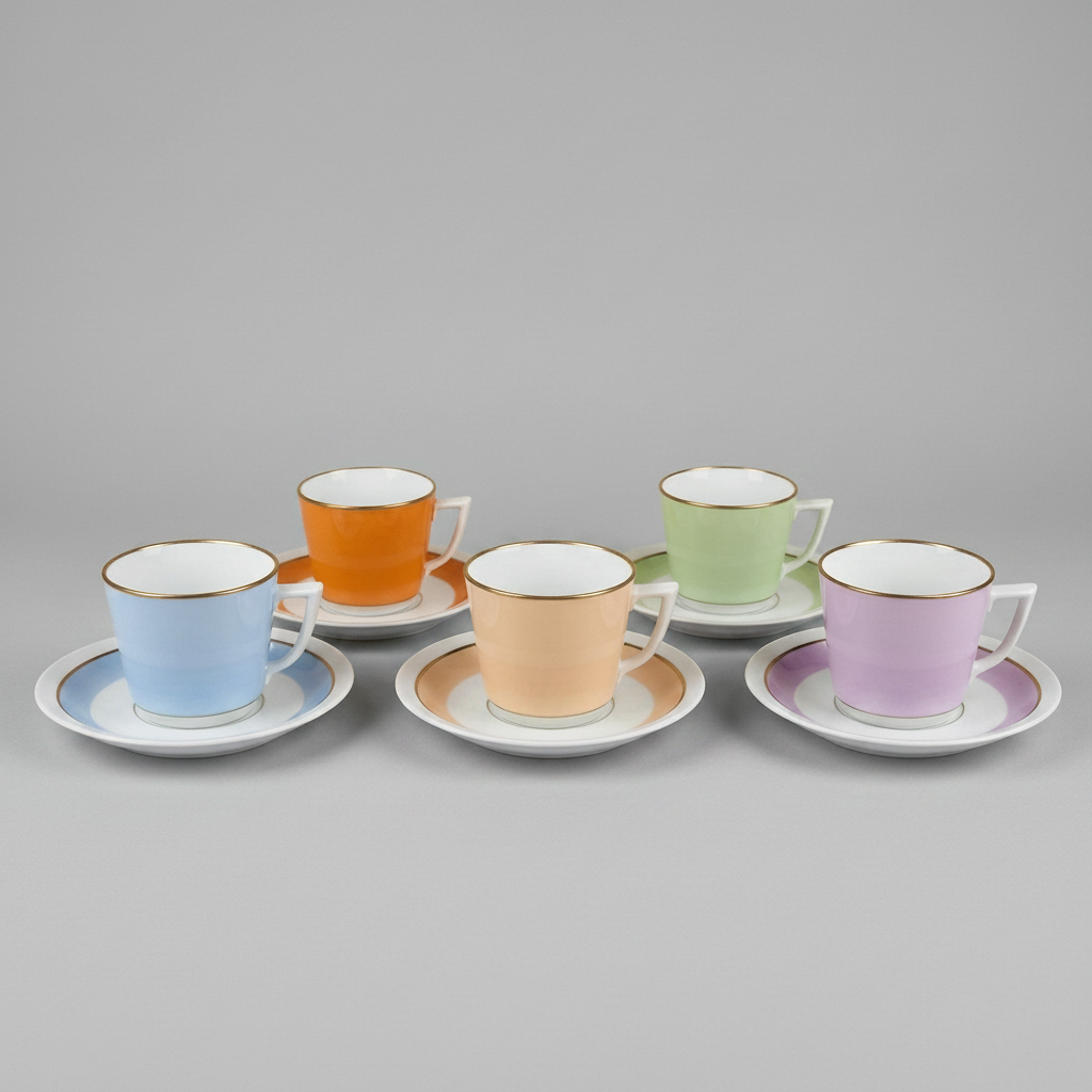 Set of five pastel-colored ceramic cups and saucers on a beige background