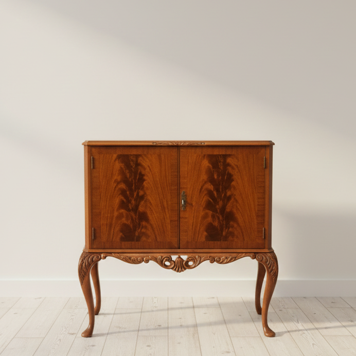 A mid-century wooden cabinet with ornate cabriole legs and carved details, set against a minimalist off-white wall and light wood plank floor.