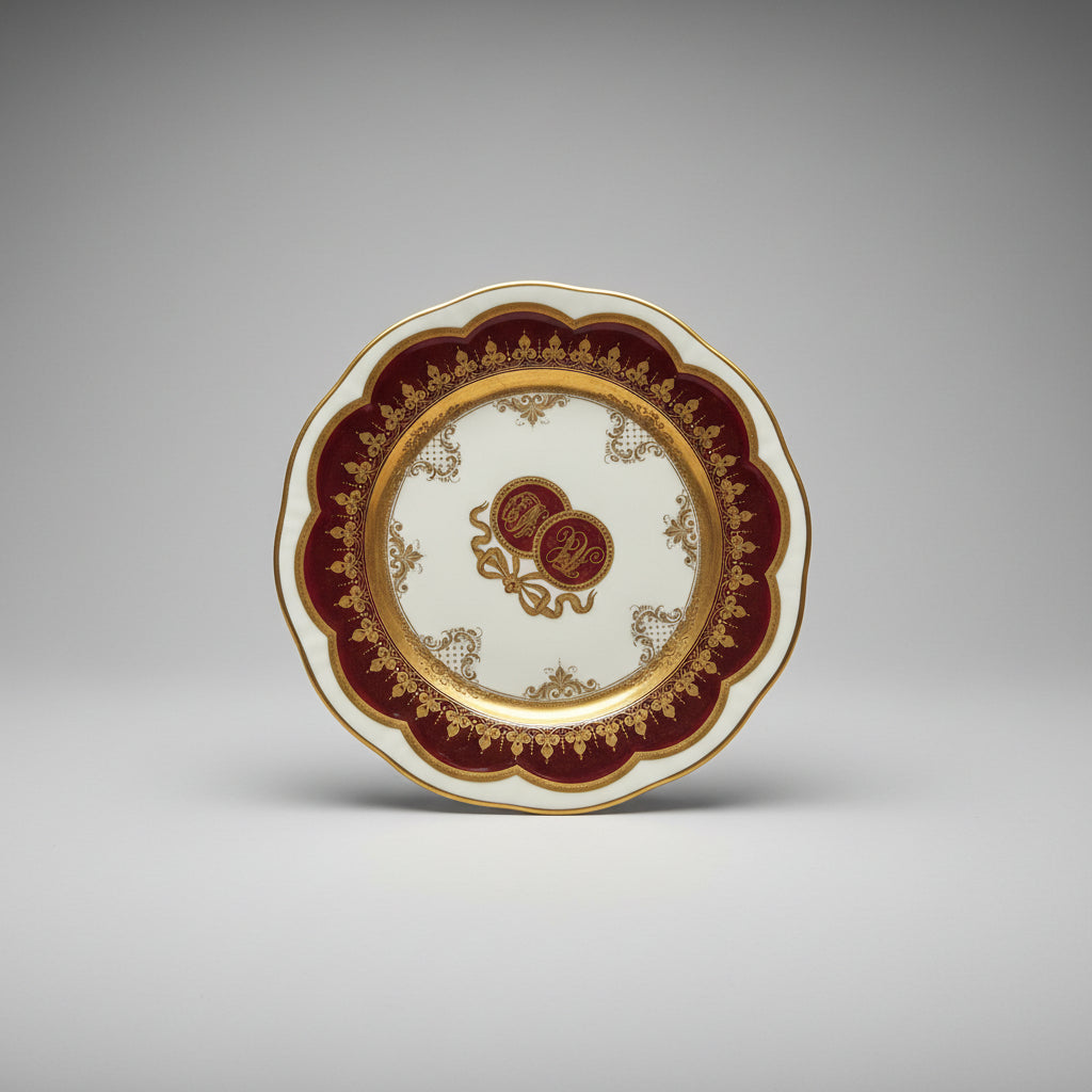A decorative porcelain plate with gold, brown, and white colors, featuring floral patterns and a central motif, displayed on a lace doily.