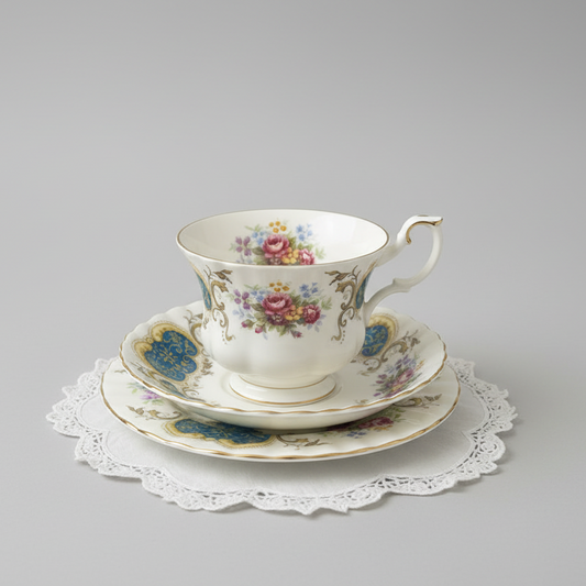 Teacup with floral design on a saucer on a wooden table in a room with a fireplace and grandfather clock.