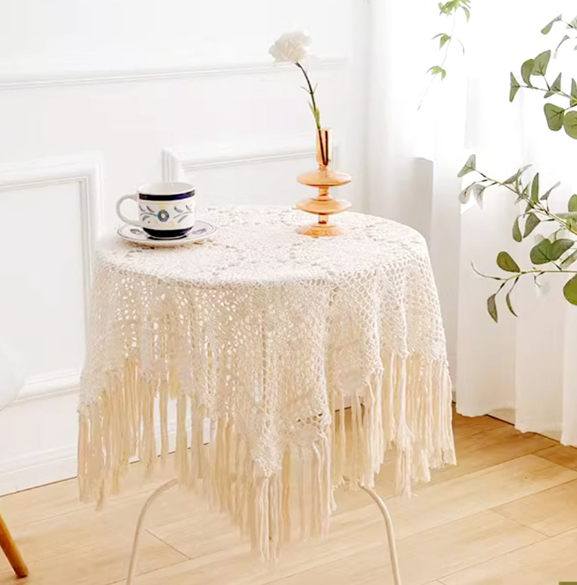 Hand Crochet Square Table Cloth with Tassels 117cm