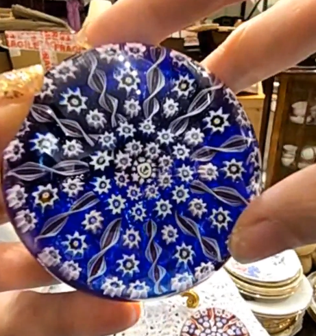 John Deacons Eight Radial Spoke MIlleriori Facet Cut Paperweight - Blue