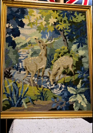 1966 Exqusite  needle point of 2 dear by the stream