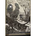 Mid century Beautiful Litograph Print of Black and White Rooster wall art