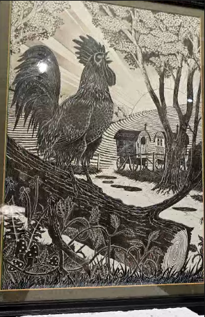 Mid century Beautiful Litograph Print of Black and White Rooster wall art