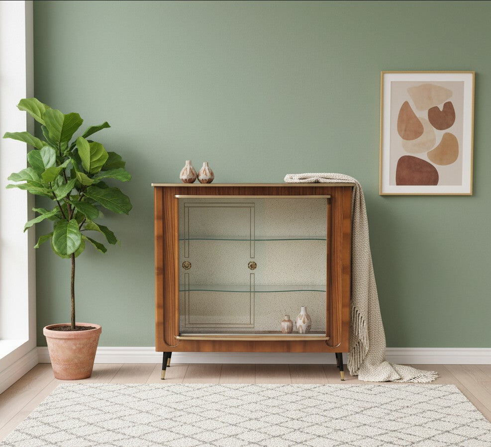 Vintage English display cabinet with teak compass legs, 1970