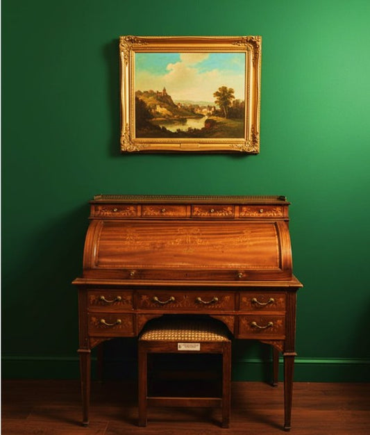 [PRE-ORDER] Edwardian Satinwood And Mahogany Inlaid Roll Top Writing Bureau