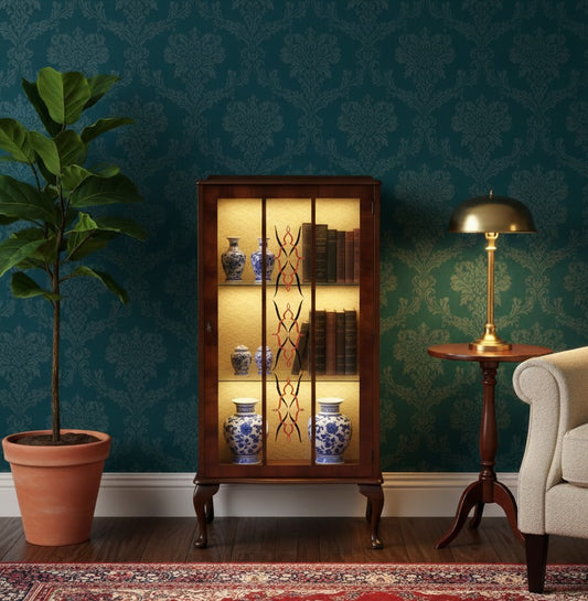 Vintage Art Deco Glass Wooden Queen Anne Display Cabinet - Drinks Cocktail