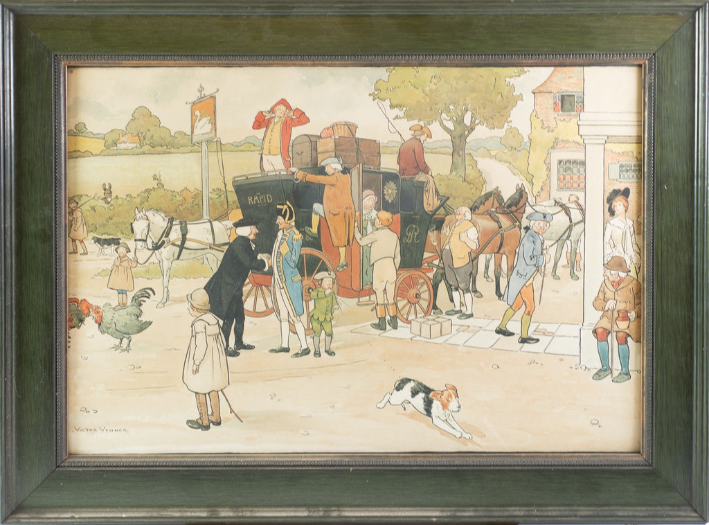 SIGNED CECIL ALDIN (1870-1935) : Colour lithograph Victor Venner of the stagecoach at the Swan Hotel