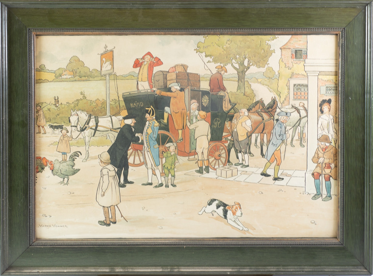 SIGNED CECIL ALDIN (1870-1935) : Colour lithograph Victor Venner of the stagecoach at the Swan Hotel