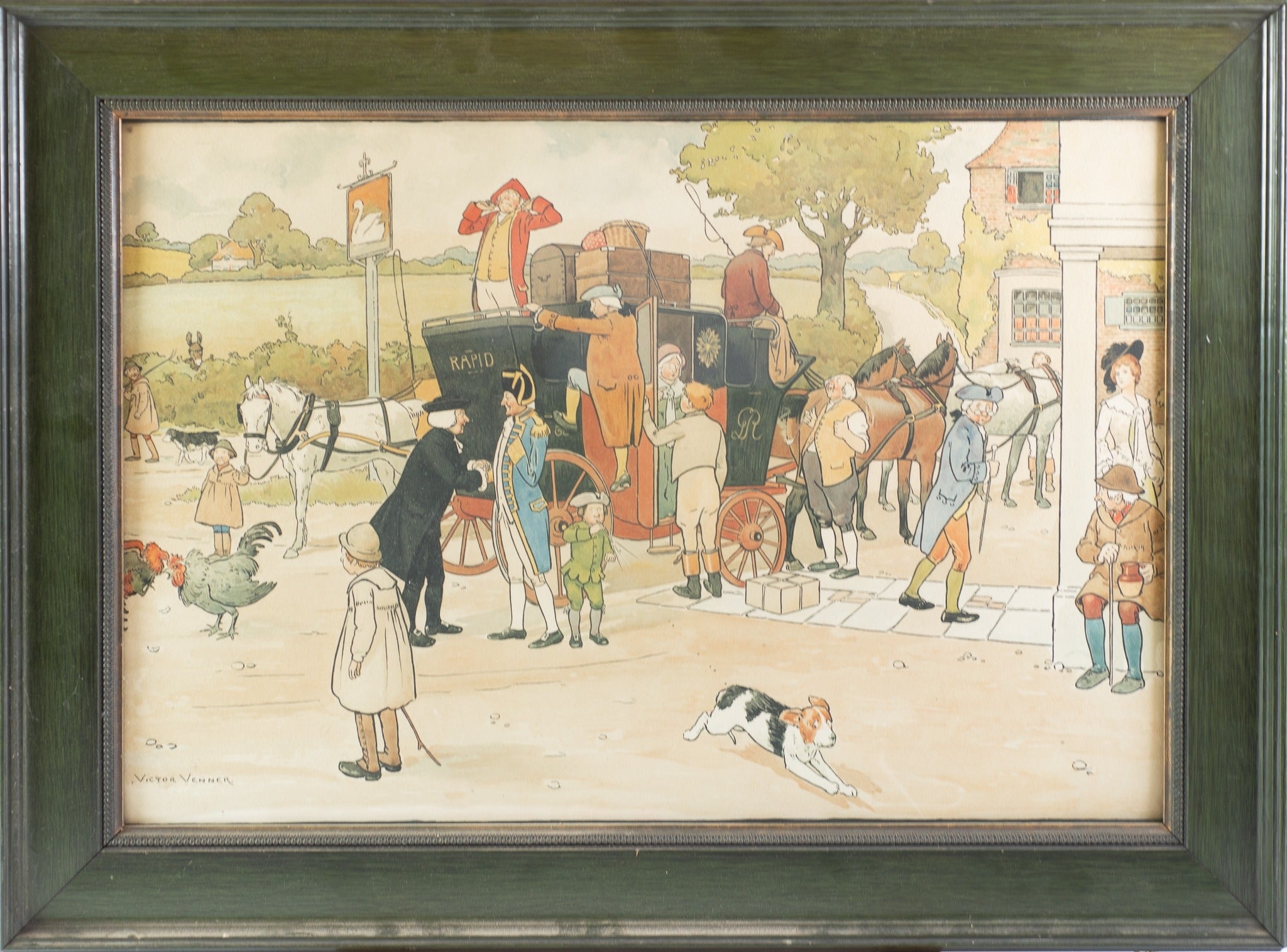 SIGNED CECIL ALDIN (1870-1935) : Colour lithograph Victor Venner of the stagecoach at the Swan Hotel