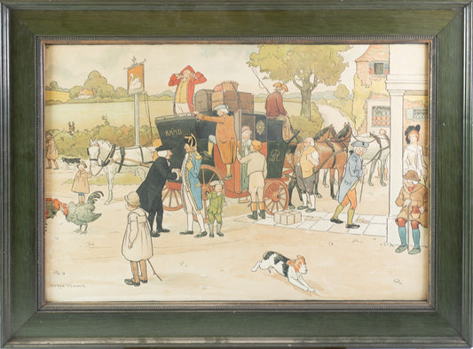 SIGNED CECIL ALDIN (1870-1935) : Colour lithograph Victor Venner of the stagecoach at the Swan Hotel