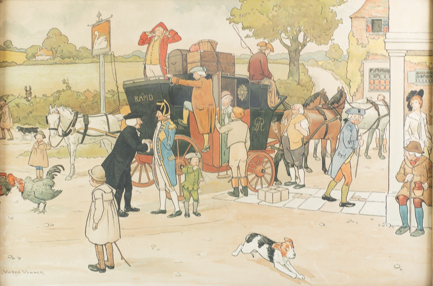 SIGNED CECIL ALDIN (1870-1935) : Colour lithograph Victor Venner of the stagecoach at the Swan Hotel