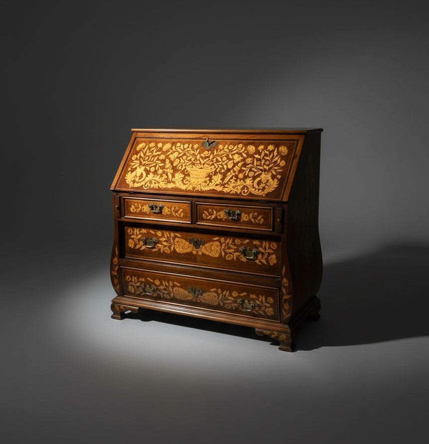 Decorative wooden cabinet with intricate carvings on a dark background