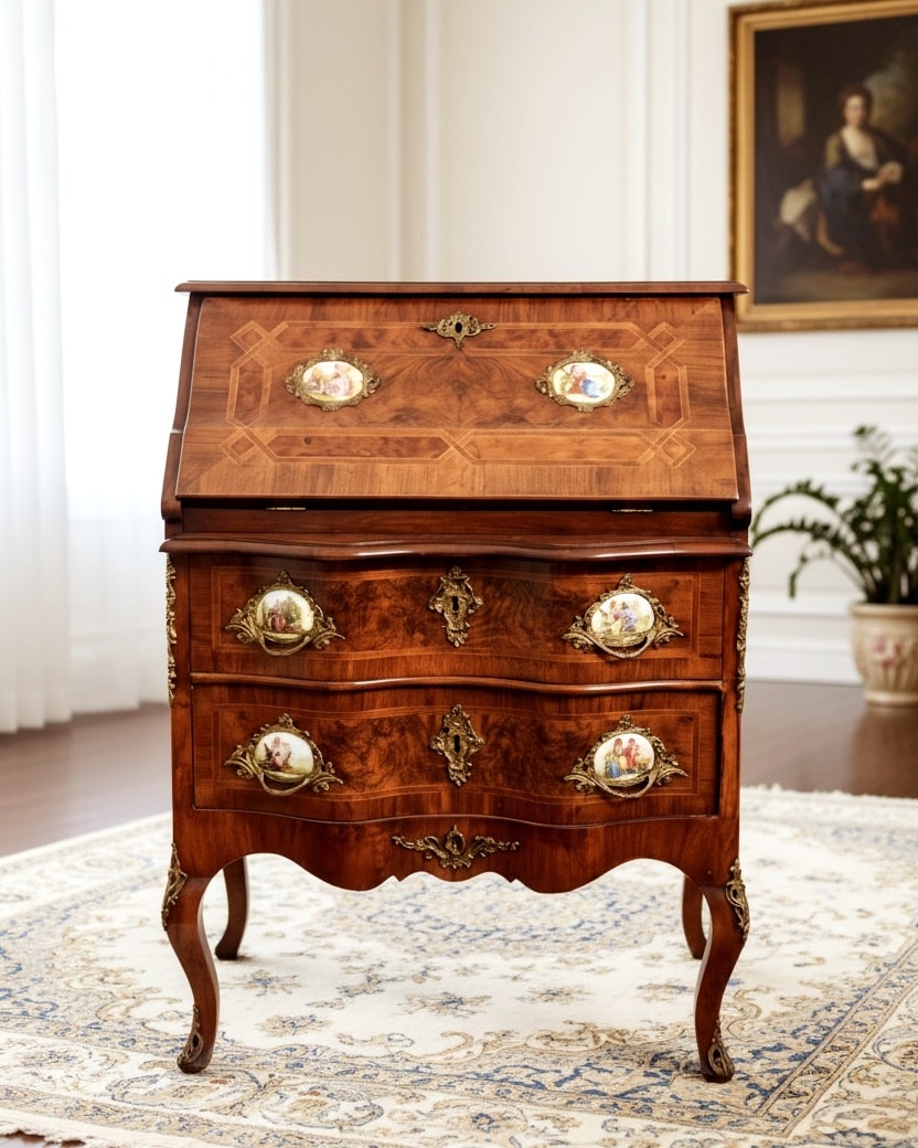 Wooden desk with decorative elements in a room with a painting on the wall.
