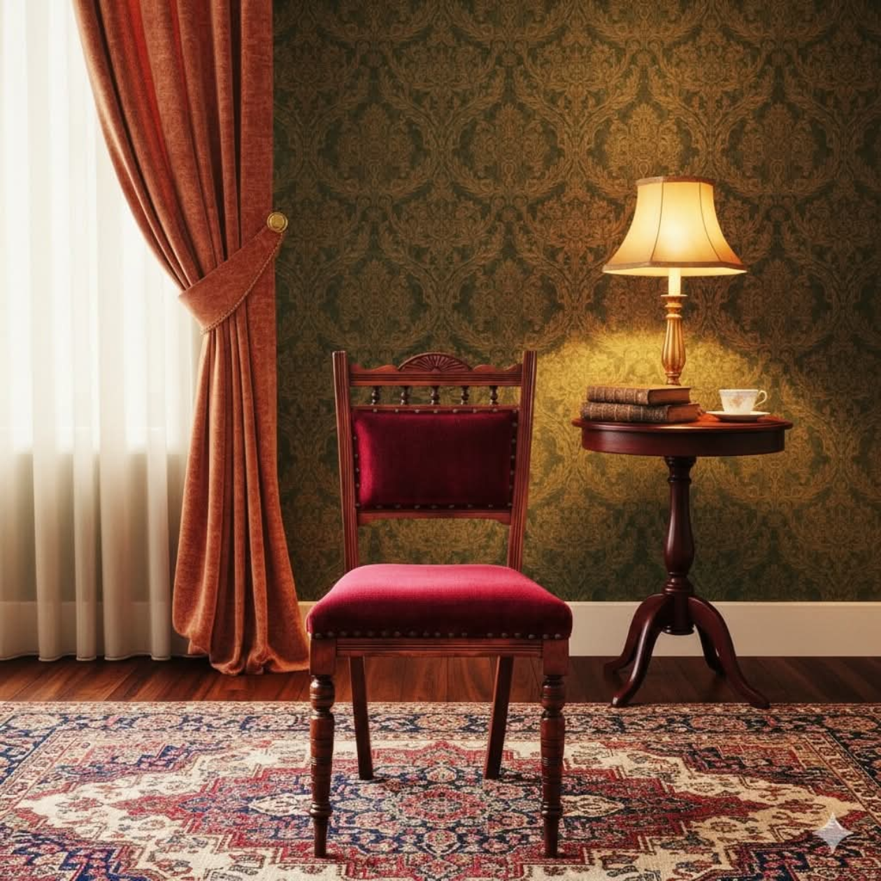 Vintage room with a red chair, small table, and lamp against a patterned wall.