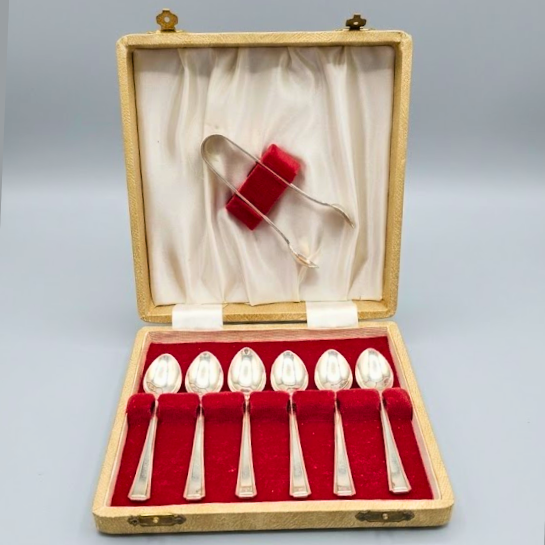 Vintage Silver-Plated 6-Piece Teaspoon & Sugar Tong Set in Presentation Case