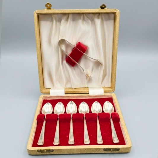 [New Arrival] Vintage Silver-Plated 6-Piece Teaspoon & Sugar Tong Set in Presentation Case