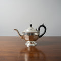 Silver teapot with black handle