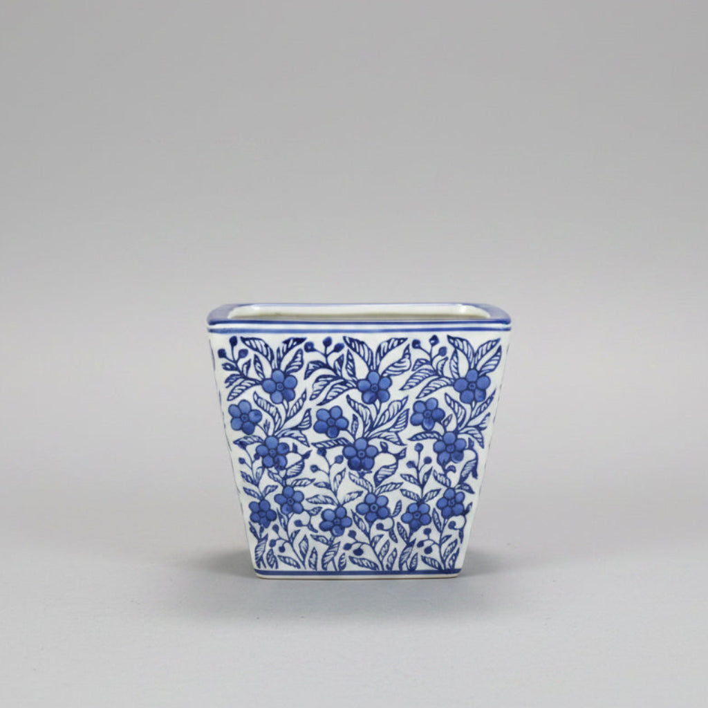 Vintage Blue & White Chintz Tapered Square Ceramic Planter (22cm x 17cm)