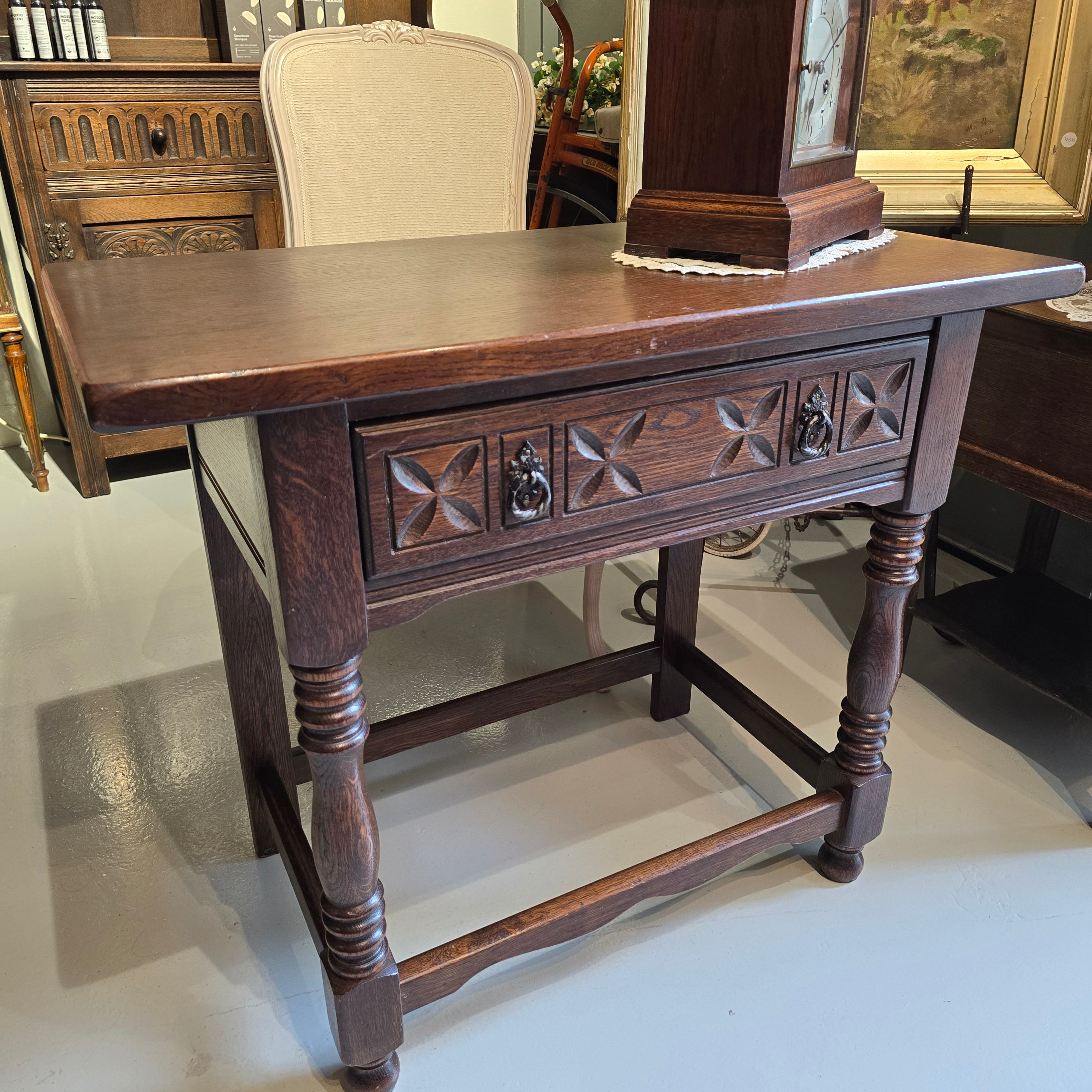 Vintage English Oak Side Table with Carved Drawer Front