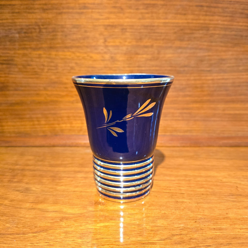 Vintage Mid-Century Cobalt Blue & Gold Ribbed Porcelain Liqueur Cups (c. 1950-1970)