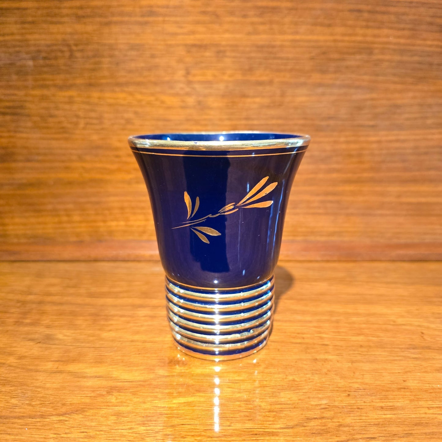 Vintage Mid-Century Cobalt Blue & Gold Ribbed Porcelain Liqueur Cups (c. 1950-1970)