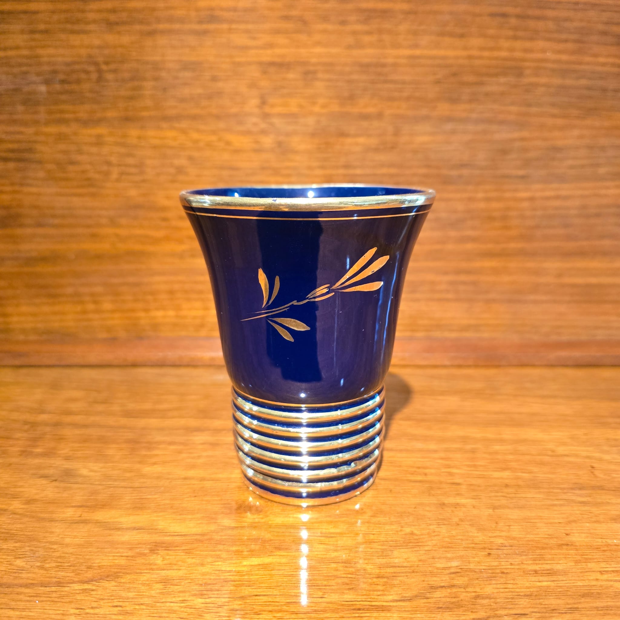 Vintage Mid-Century Cobalt Blue & Gold Ribbed Porcelain Liqueur Cups (c. 1950-1970)