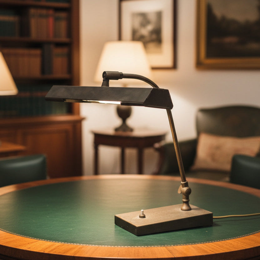 Vintage desk lamp on a wooden table with a bookshelf and framed pictures in the background