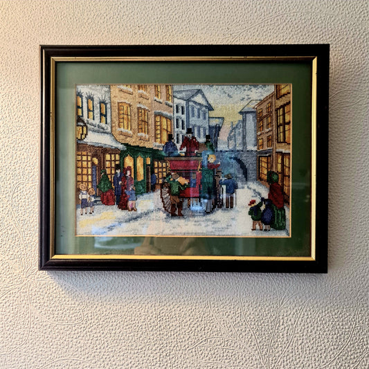 Vintage needle point wall art - vintage London Street scene