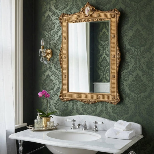 Vintage Ornate Gilt Mirror with Porcelain Medallion – Rectangular Wall Mirror