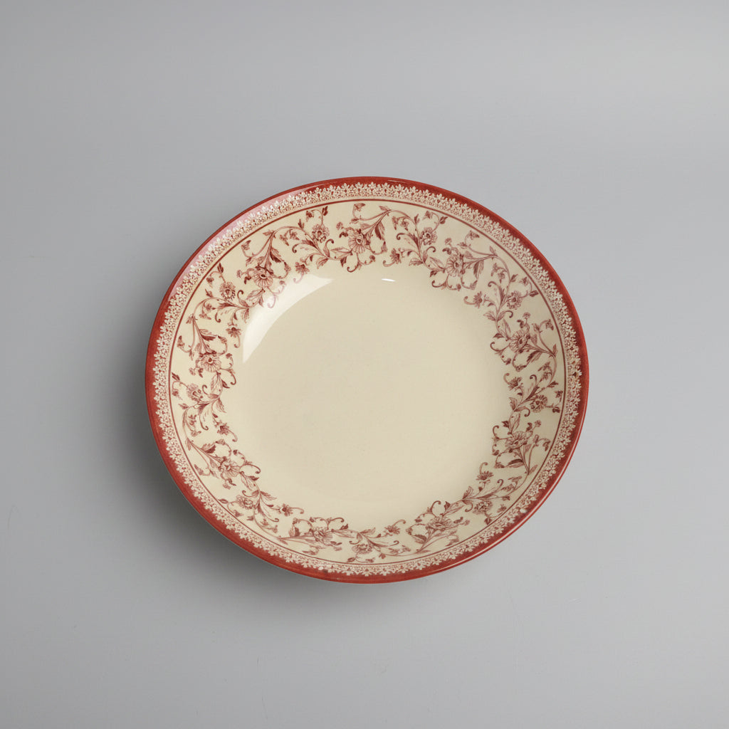 Vintage Red & Cream Floral Toile Ceramic Rimmed Soup / Pasta Bowl