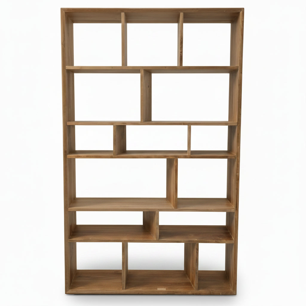 Vintage Solid Teak Geometric Bookcase – Heavy Architectural Open-Back Display Étagère (c. 1980-2000)