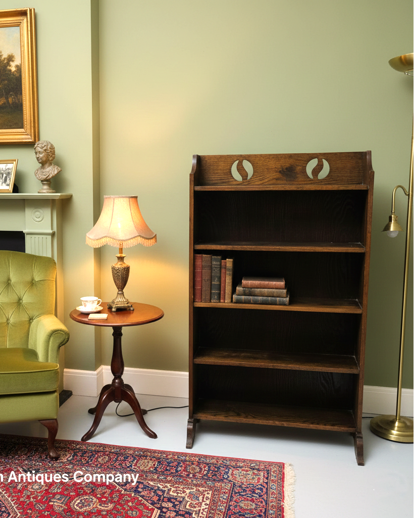 Living room with green armchair, wooden bookshelf, and lamp, featuring The British Antiques Company branding.